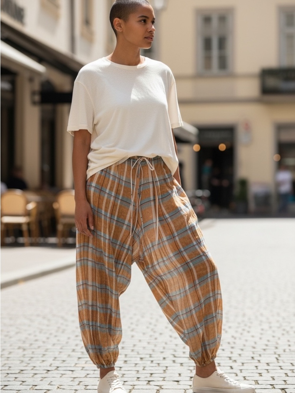 Zara Plaid Drawstring Harem Pants in Tan and Blue
